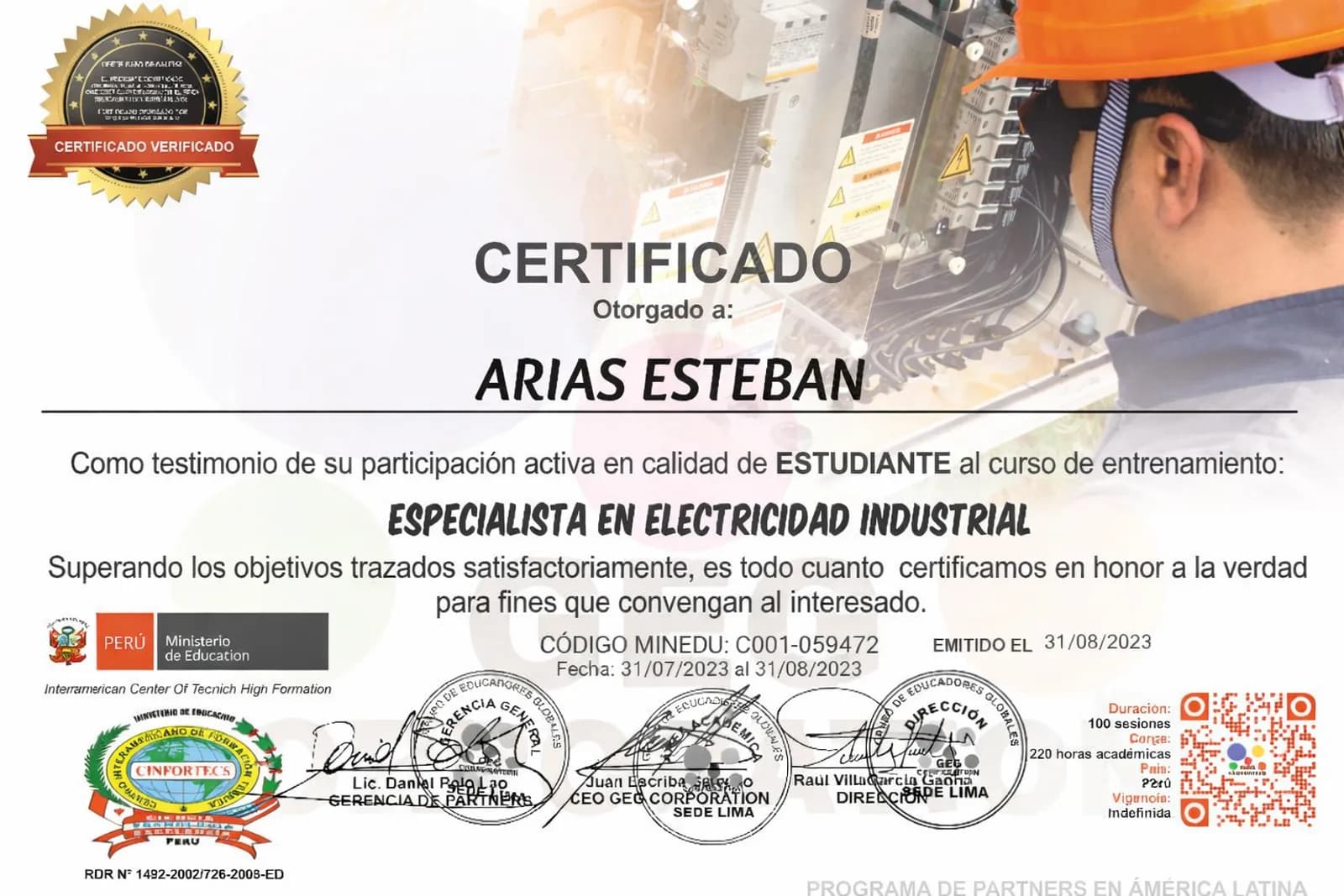 Certificado de Esteban: Certificado de Electricista