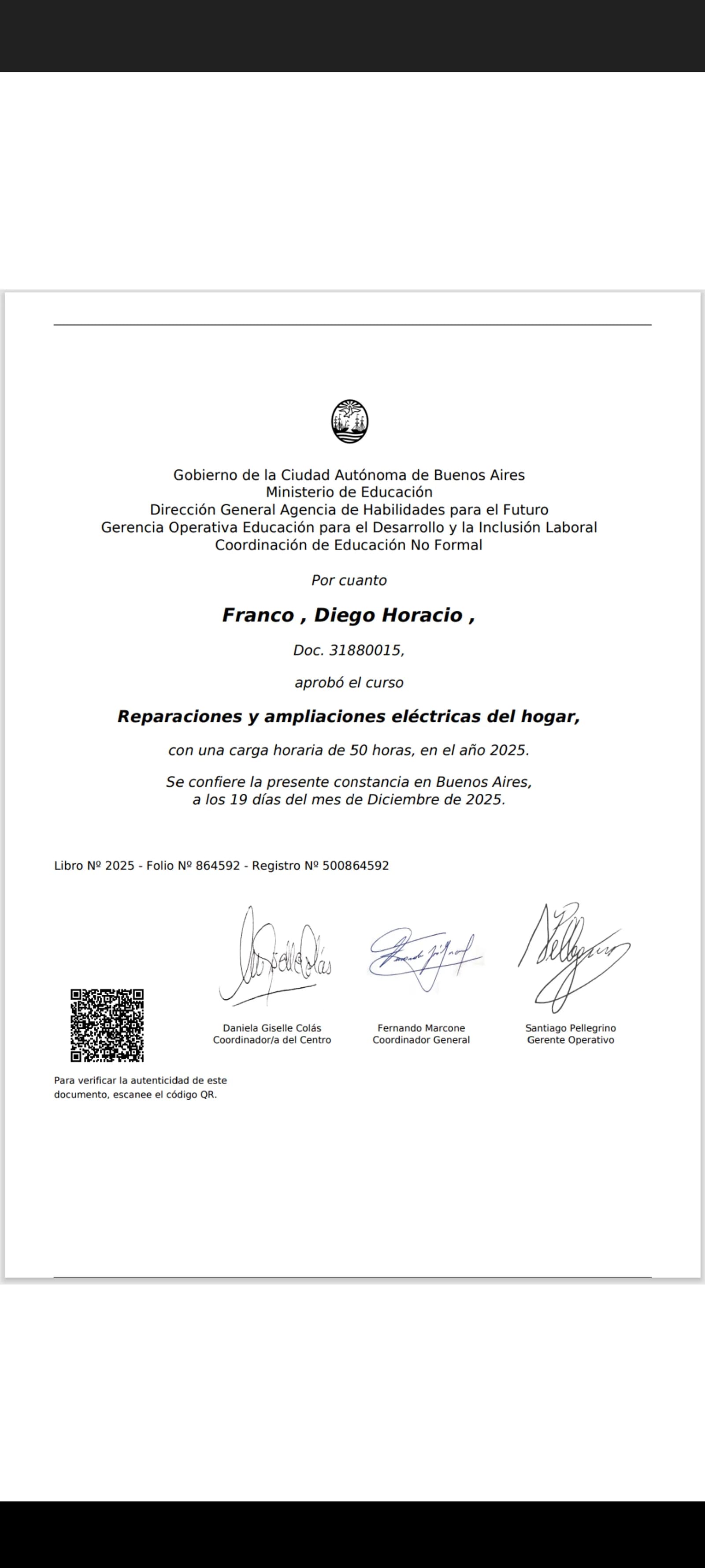Certificado de Diego Horacio: Electricista domiciliario